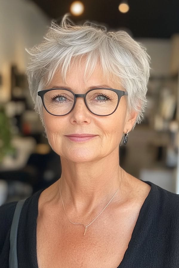 Pixie gris acier : chic et moderne pour les femmes de 60 ans avec lunettes
