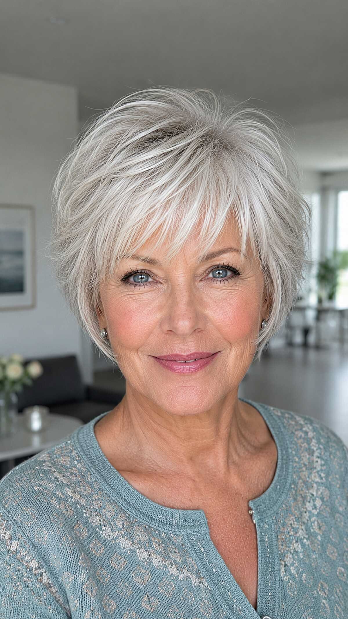 Long pixie avec frange rideau en gris blond doux pour femmes de plus de 60 ans